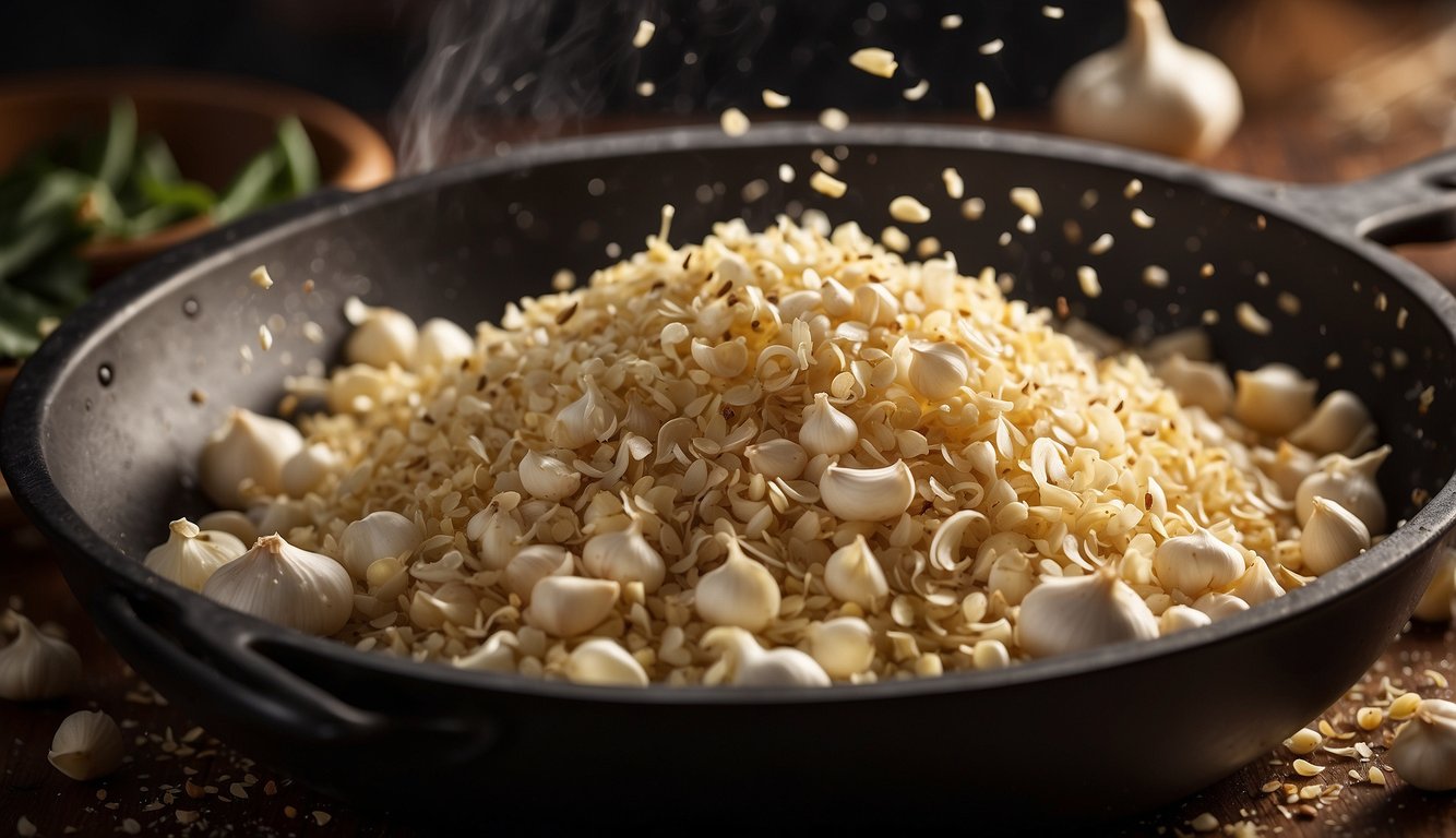 Elephant garlic being crushed and sprinkled into a sizzling pan with various seasonings and flavor enhancements