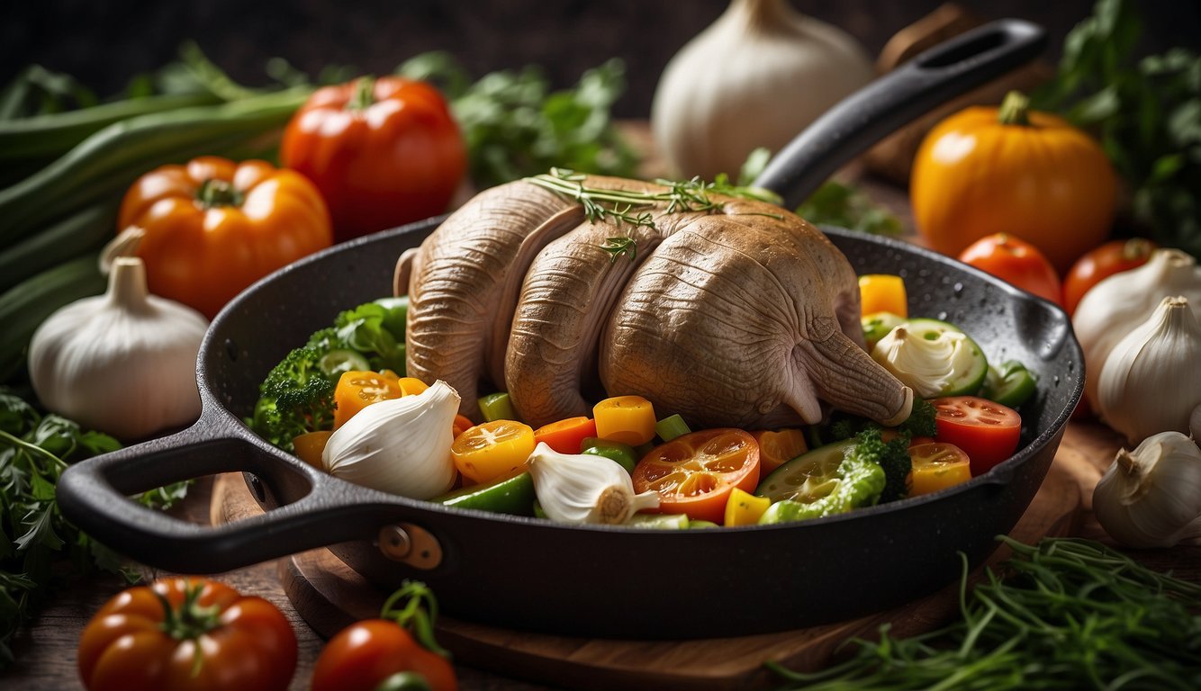 Elephant garlic sizzling in a hot pan, surrounded by fresh herbs and colorful vegetables, evoking a sense of health and dietary considerations