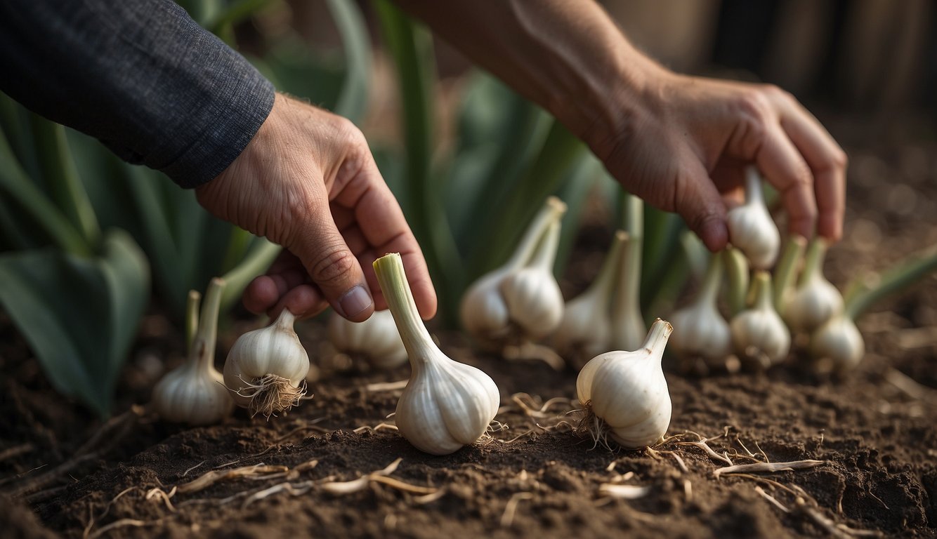 Elephant garlic bulbs stored in a cool, dry place. A hand reaching for one, preserving its freshness