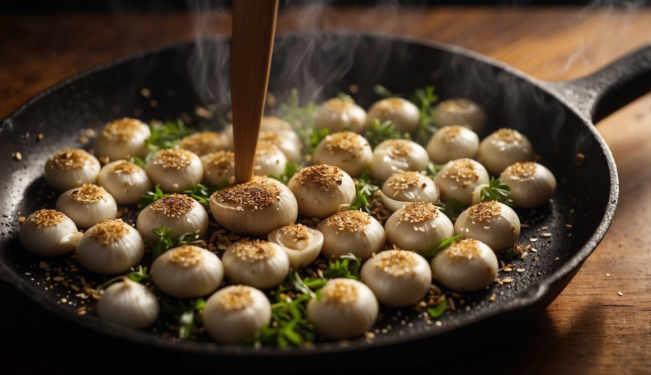 A chef's hand sprinkles sliced elephant garlic over a sizzling skillet. A wooden spoon stirs the fragrant garlic as it cooks to golden perfection