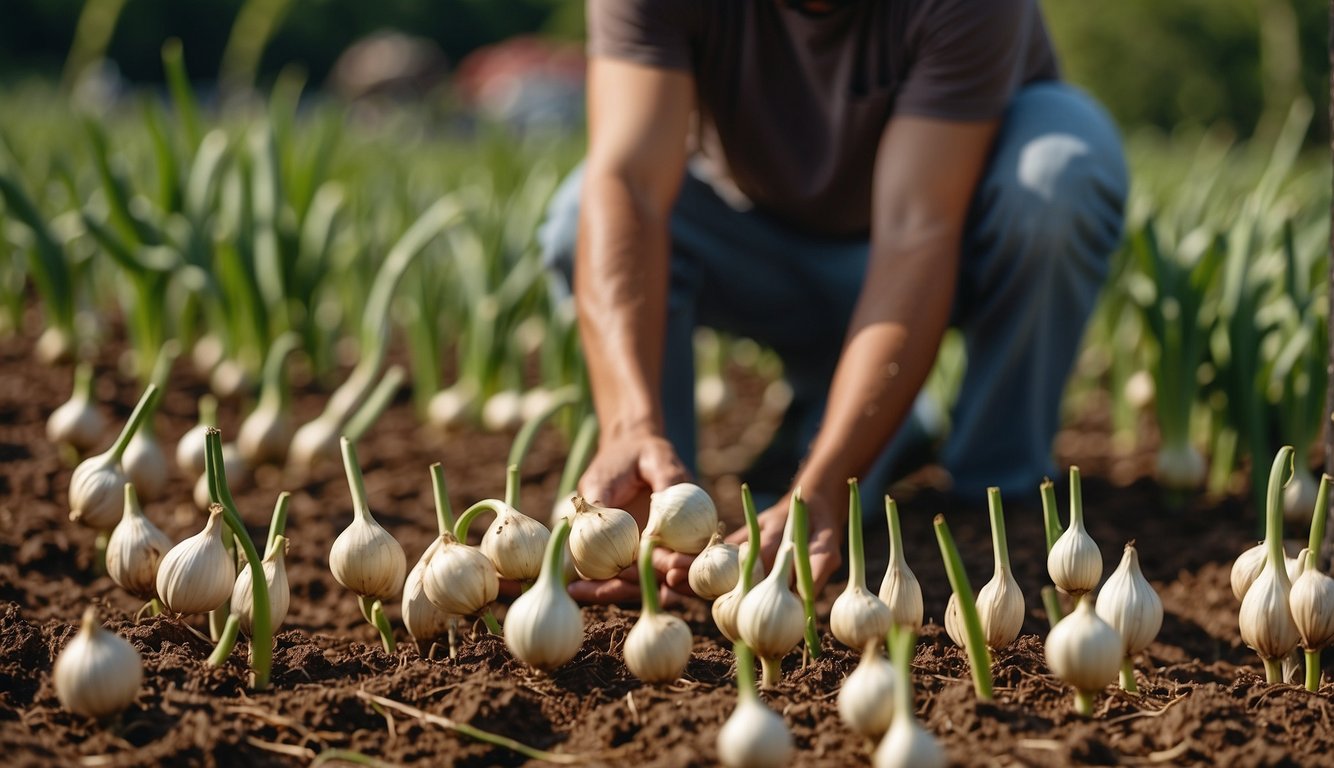 Large elephant garlic bulbs grow in a sunny garden. A farmer harvests them, trimming the long green stems. The bulbs are then washed and prepared for cooking