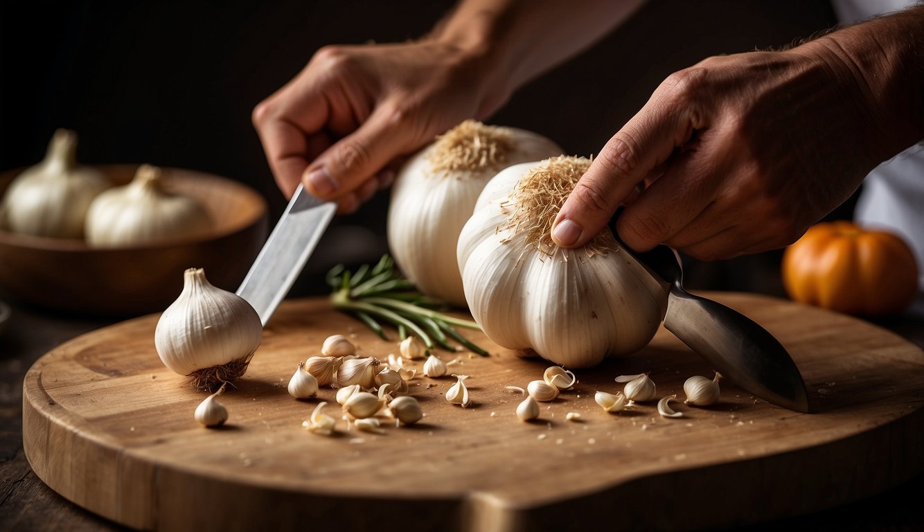 Elephant garlic bulb being chopped on a wooden cutting board with a chef's knife