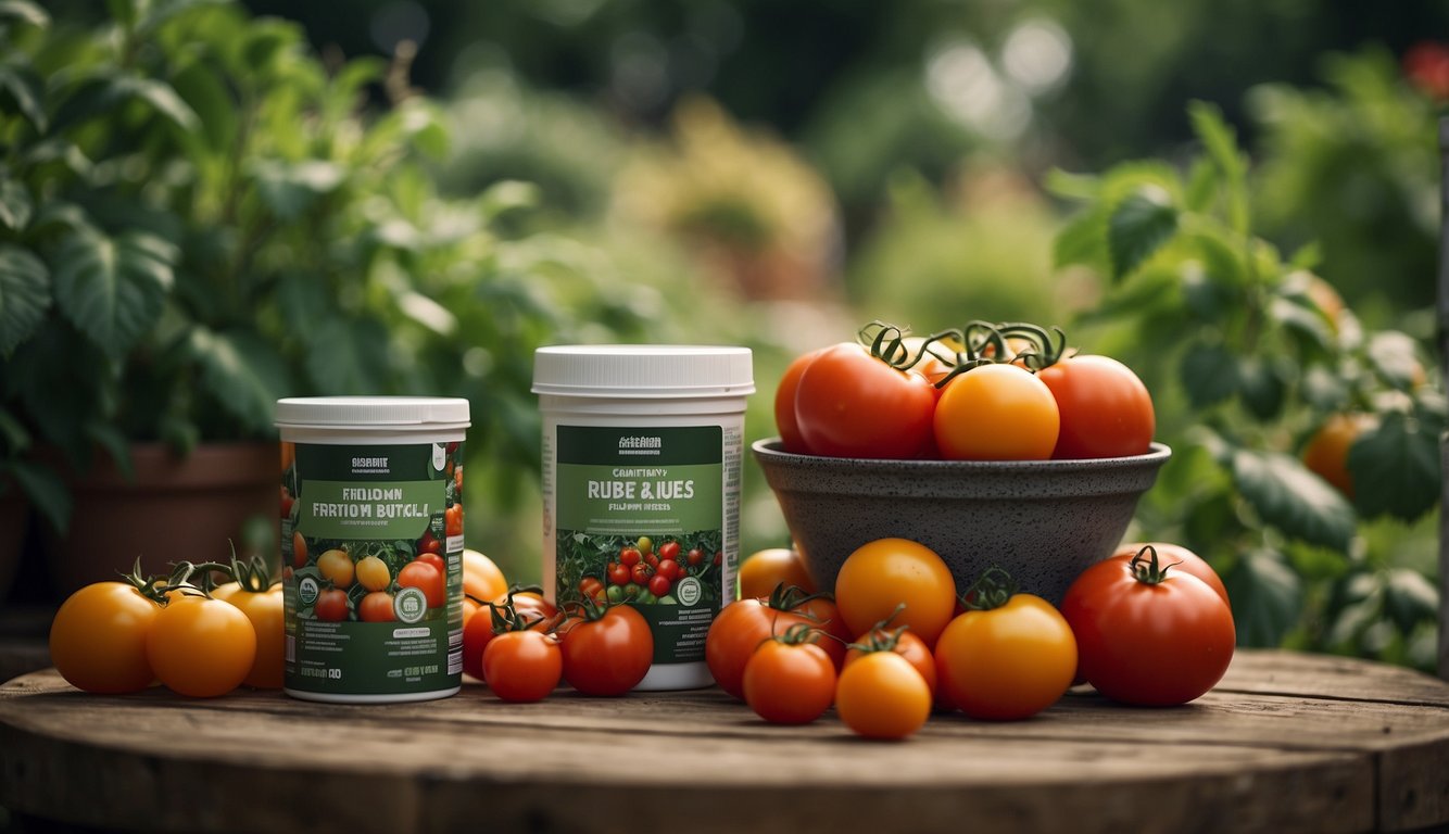 A variety of organic fertilizers displayed next to ripe, vibrant tomatoes in a lush garden setting