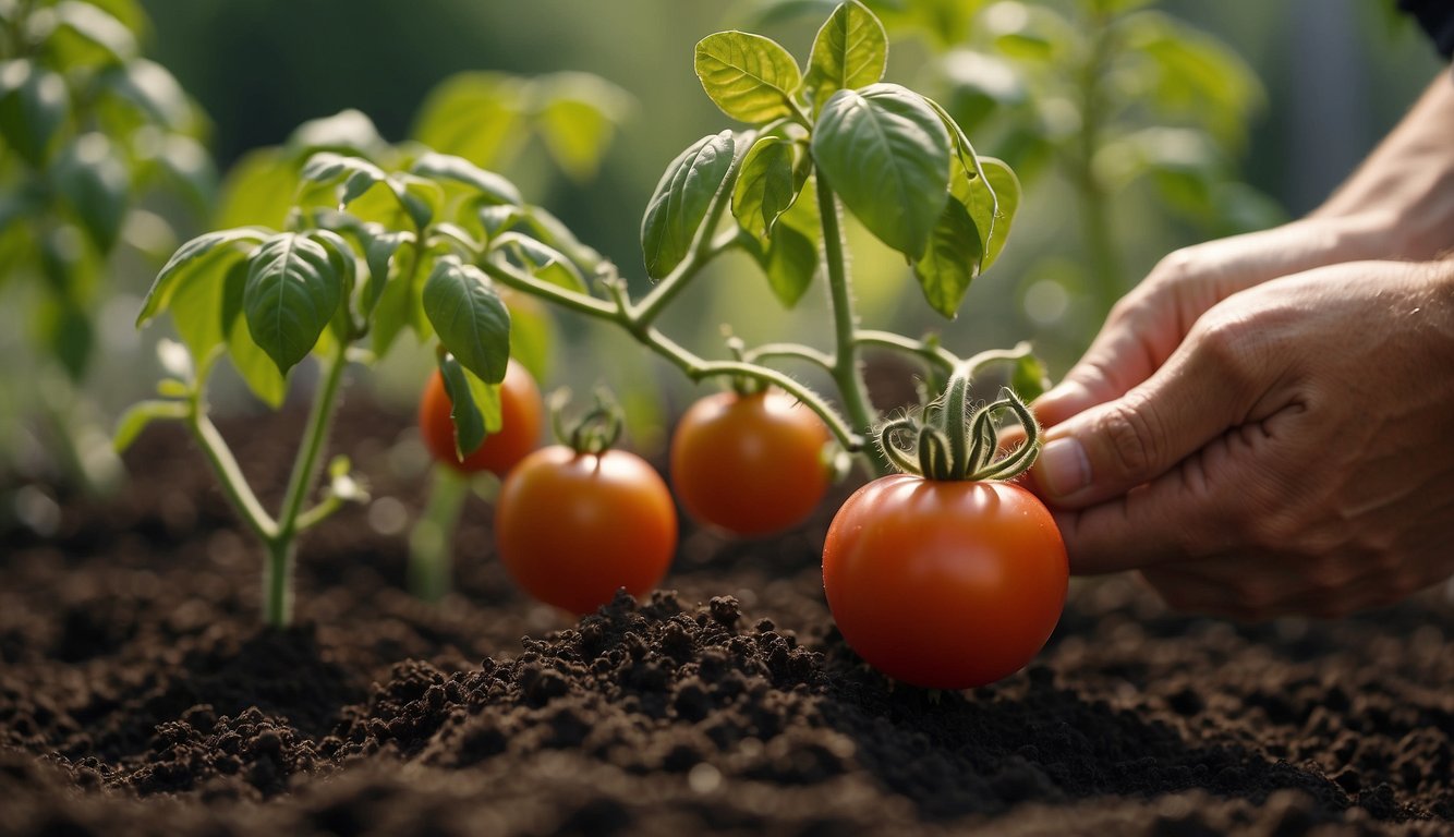A gardener carefully pours organic fertilizer onto a thriving tomato plant, ensuring the right amount for optimal growth