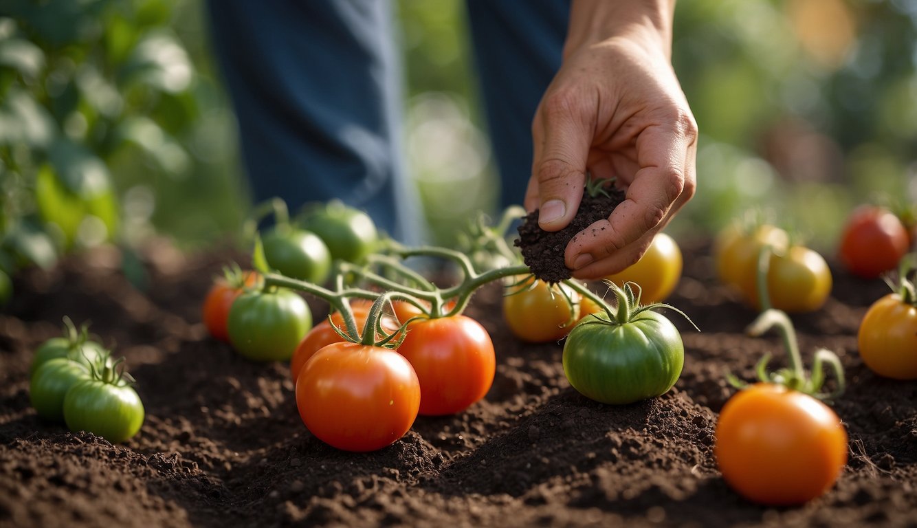 A hand holding a bag of organic tomato fertilizer, sprinkling it around the base of healthy tomato plants in a garden bed
