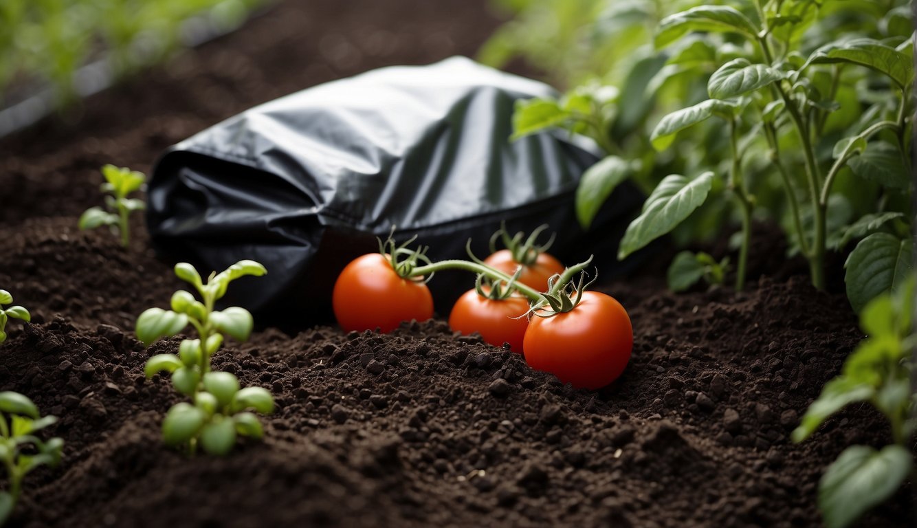Lush tomato plants surrounded by rich, dark soil. A bag of organic fertilizer sits nearby, with a compost pile in the background