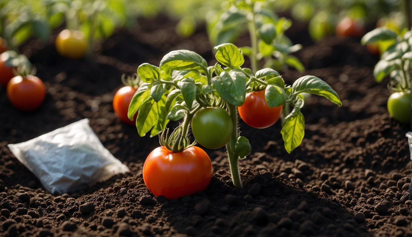 A lush tomato plant thrives in rich, dark soil, surrounded by bags of organic fertilizer products. A sign recommends the best organic fertilizer for tomatoes