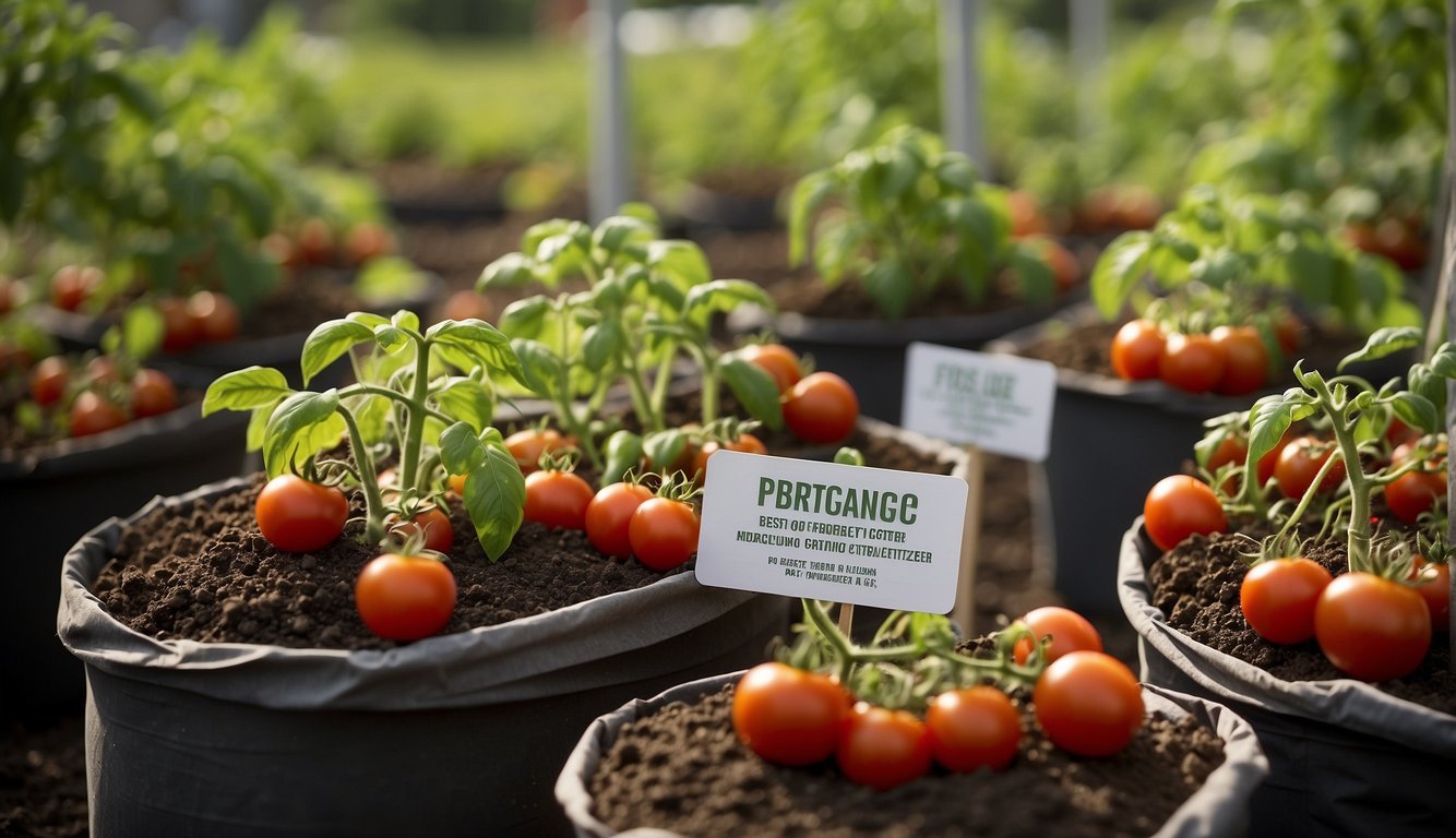 Tomato plants surrounded by bags of organic fertilizer, with a sign reading "Frequently Asked Questions: Best Organic Fertilizer for Tomatoes."
