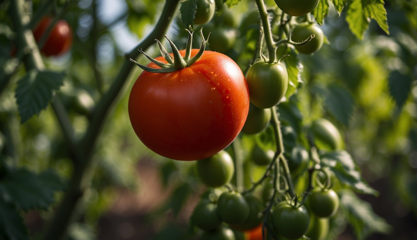 A ripe, juicy tomato variety is displayed on a vine, with vibrant red color and a plump, round shape. The tomato is surrounded by lush green leaves, evoking a sense of freshness and flavor
