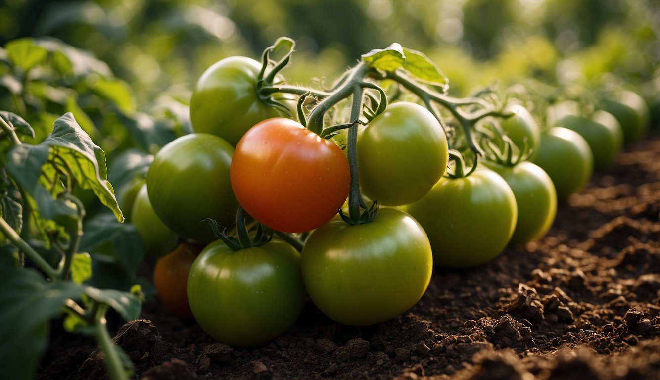 Lush green tomato plants with ripe red fruit, surrounded by rich soil and mulch. Sunlight filters through the leaves, highlighting the vibrant colors