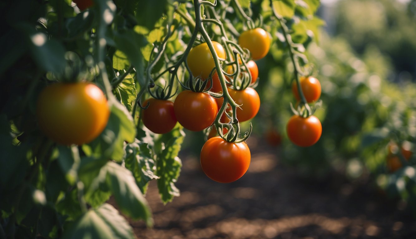 Lush garden with rich soil, ample sunlight, and steady watering. Tomatoes ripen on the vine, bursting with flavor