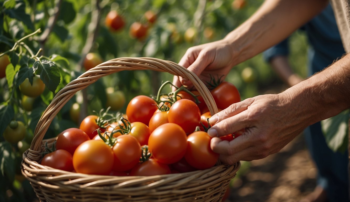 A hand reaches for a ripe tomato on the vine, while others are carefully stored in a basket, ready for enjoyment