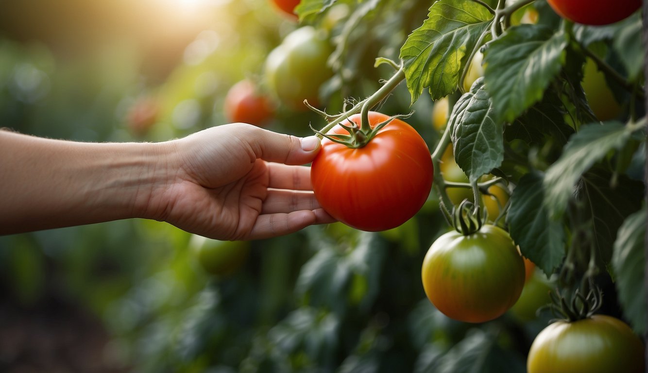 A hand reaches for a plump, ripe tomato on the vine, with vibrant green leaves in the background
