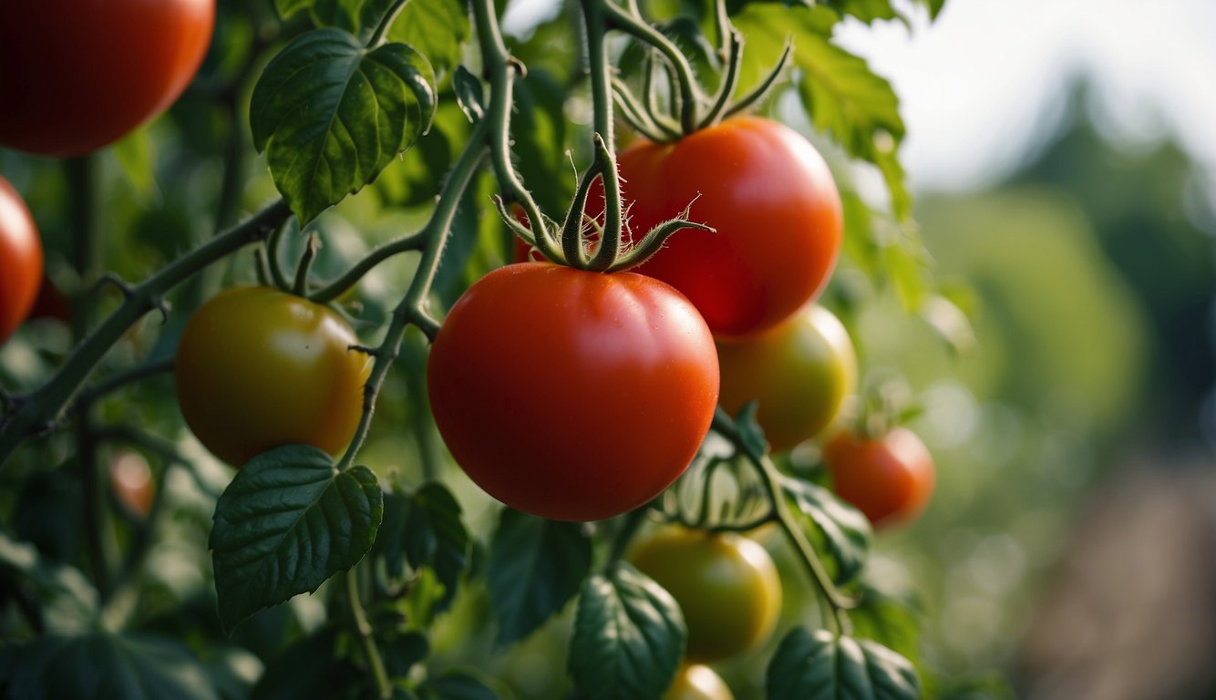A vibrant tomato plant with ripe red tomatoes, surrounded by lush green leaves, stands out in a garden. The tomatoes are plump and juicy, promising a delicious taste