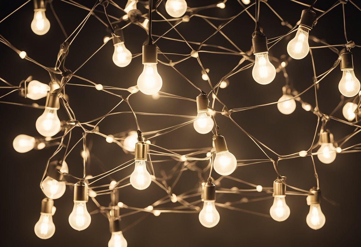 A web of interconnected light bulbs symbolizing business ideas network