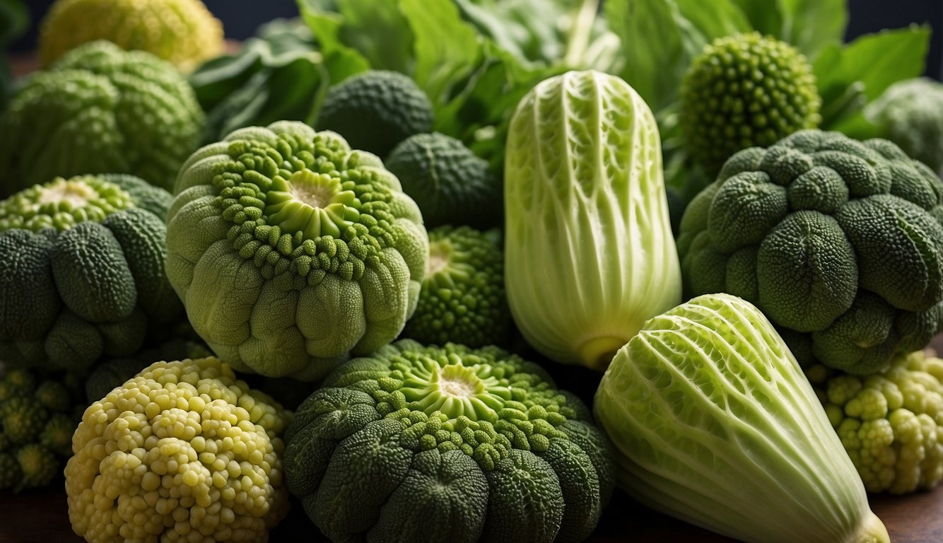 Various odd-shaped green vegetables, like luffa, bitter melon, and Romanesco, arranged in a colorful display