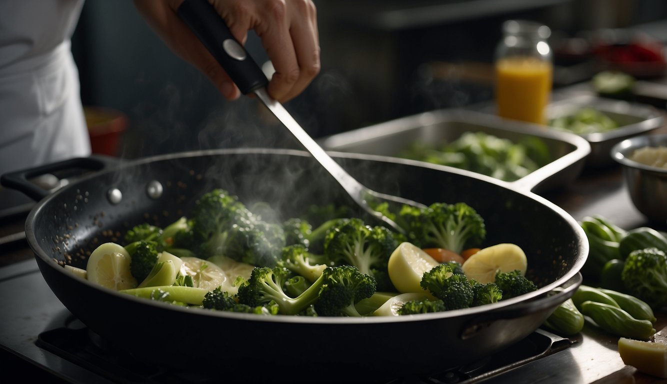 A chef slices and sautés a variety of strange green vegetables in a sizzling pan, adding herbs and spices for flavor