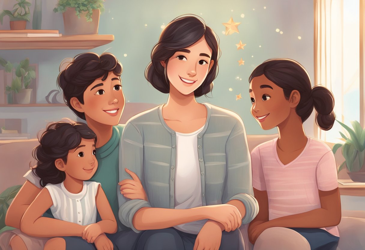 A young woman stands confidently, surrounded by her loving family. She exudes warmth and intelligence, with a twinkle in her eye. The scene is filled with love and support