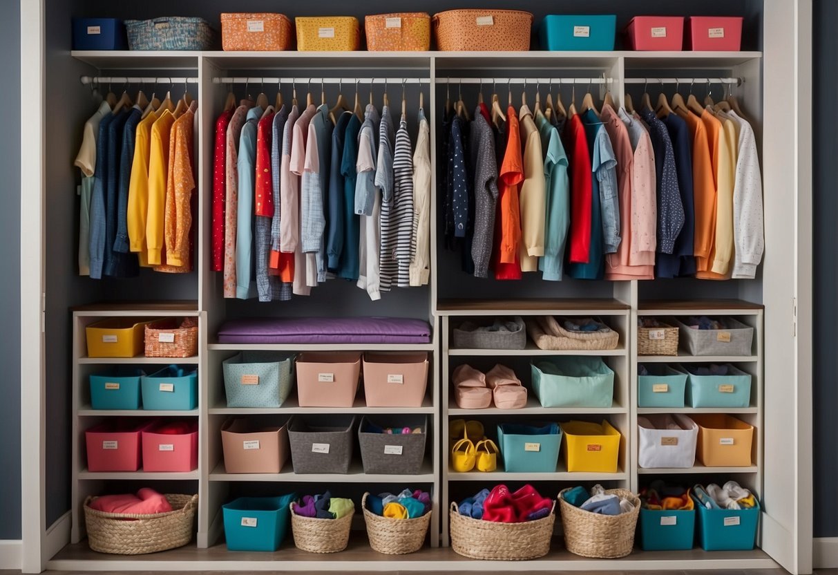 A colorful, organized closet with adjustable shelves, labeled bins, and hanging rods for easy access to children's clothing