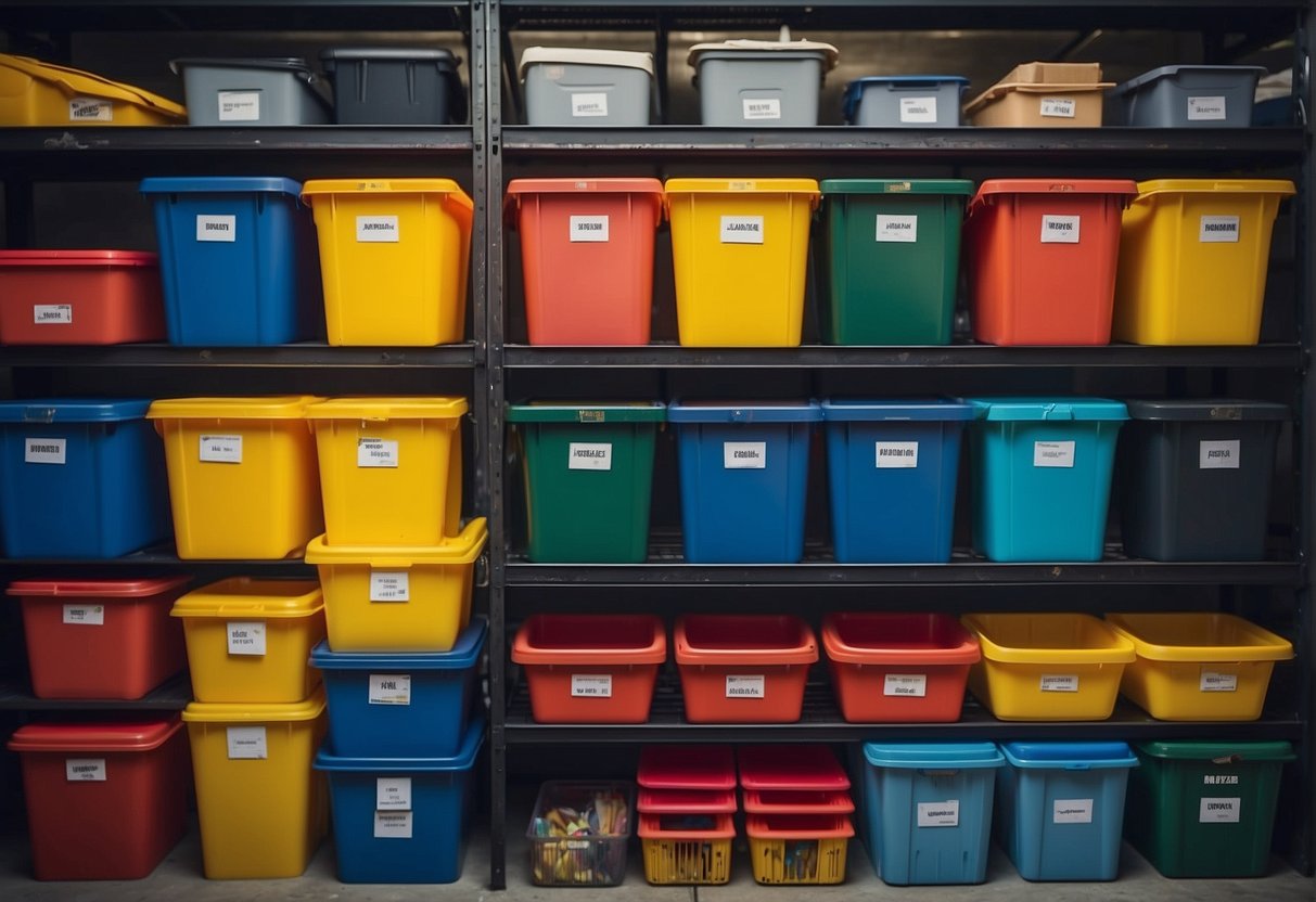 Colorful bins and shelves neatly arranged with labeled sections for different types of clothing. A small step stool allows easy access for children to reach their clothes