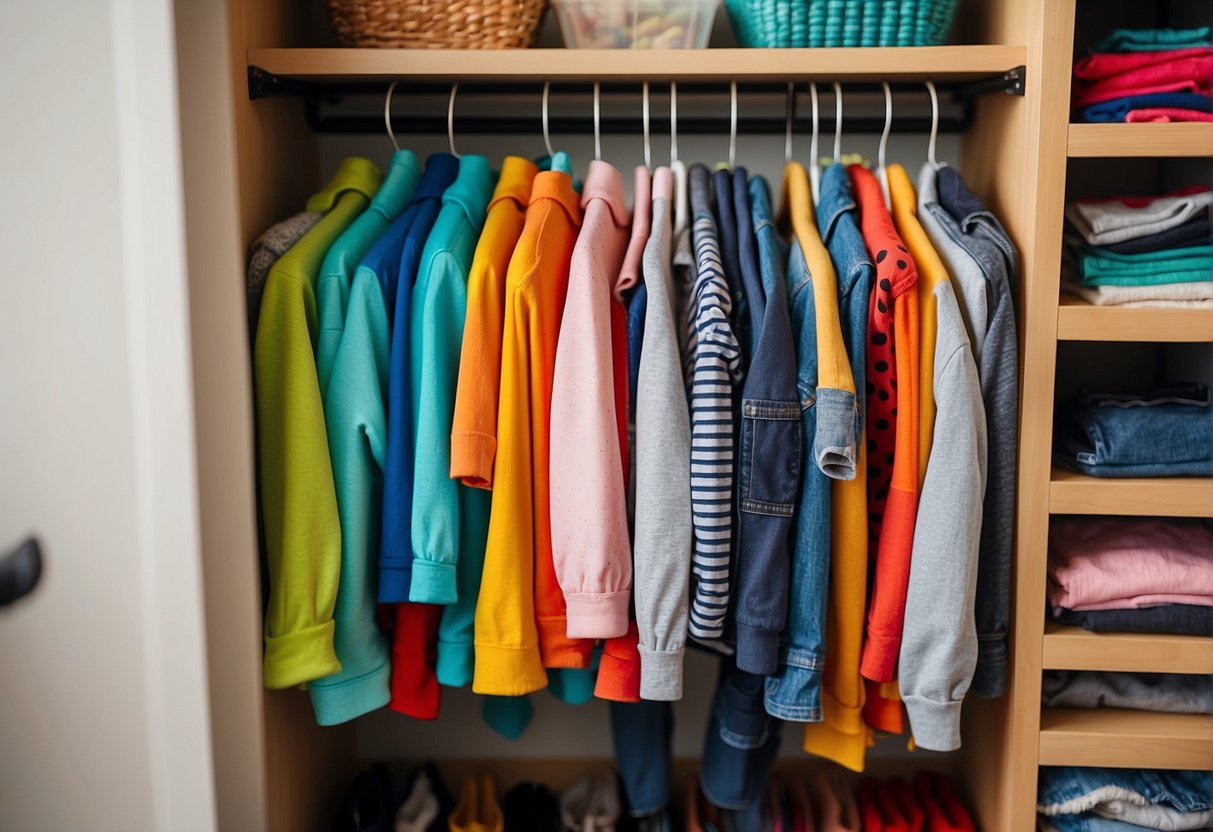 Colorful bins and shelves neatly organize children's clothes in a small closet. Hangers and hooks maximize space, while labels help kids find their own items