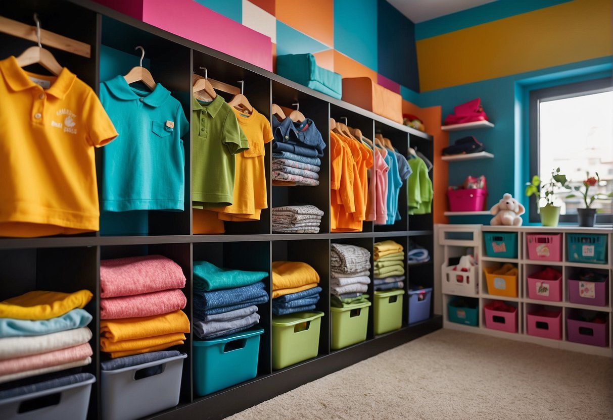 Colorful shelves and bins hold neatly folded children's clothes, with labels for easy organization. A playful mural decorates the wall, adding a cheerful touch to the organized storage space