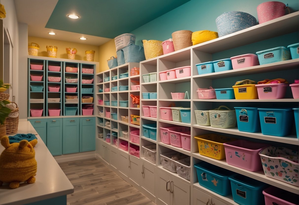 Colorful shelves neatly organize children's clothes. Baskets and bins label each section, while a playful mural adds a touch of whimsy to the laundry management area