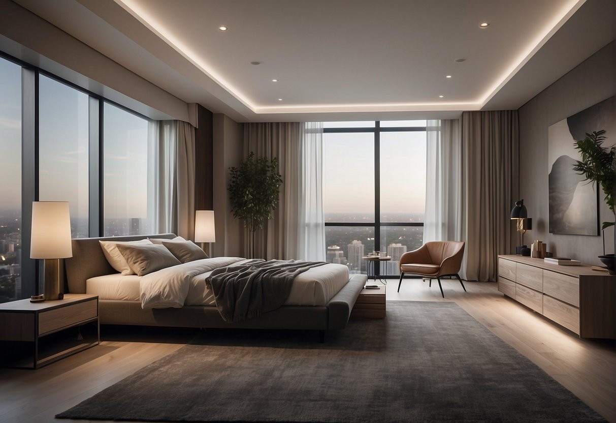 A modern bedroom with sleek furniture and minimalist design. Clean lines and neutral colors create a serene atmosphere