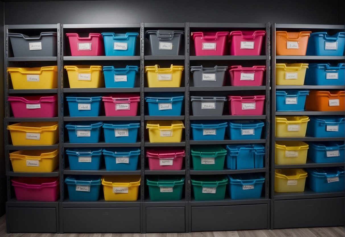 Colorful bins labeled by clothing type neatly stacked on shelves, with a designated area for outgrown items and a space-saving hanging organizer for accessories