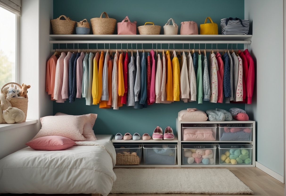 Children's clothes neatly organized in labeled bins and hanging storage, integrated into a playful and colorful bedroom decor