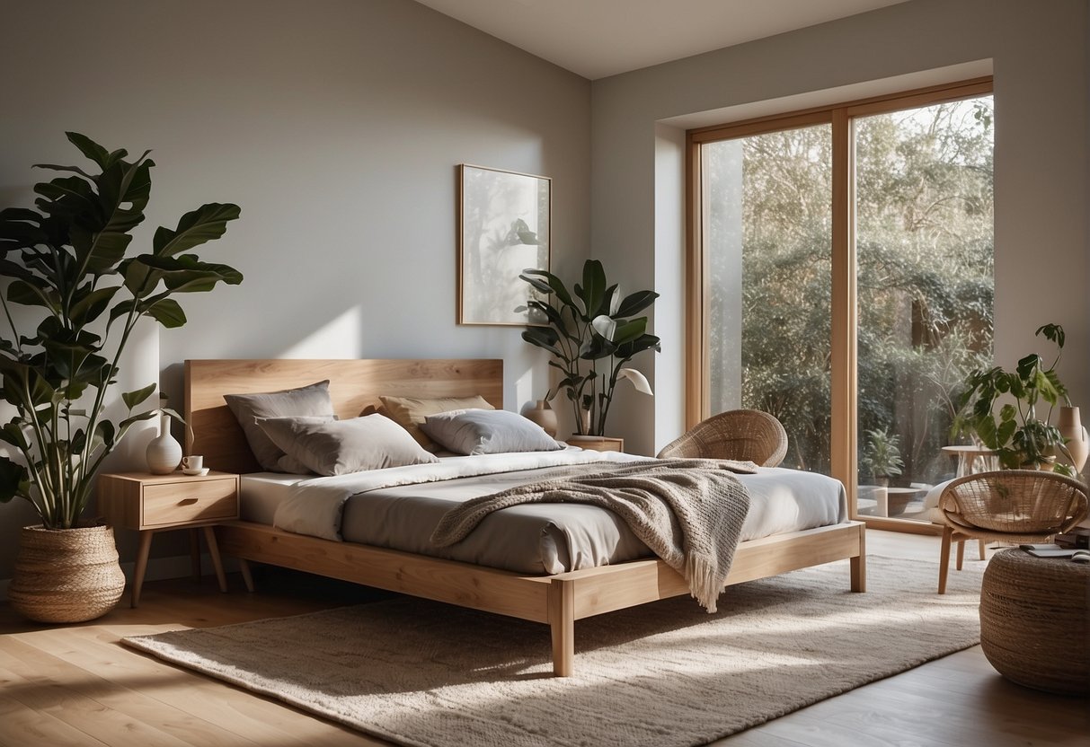A serene bedroom with sustainable furniture and natural elements