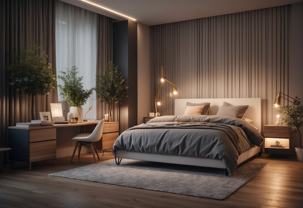 A cozy bedroom with modern furniture and soft lighting