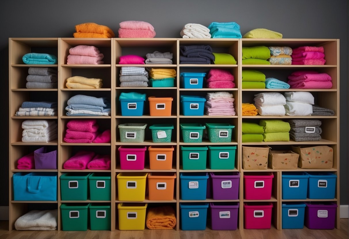 Colorful shelves hold neatly folded children's clothes. Labels and bins make it easy to sort and store different items. A hanging organizer keeps accessories tidy