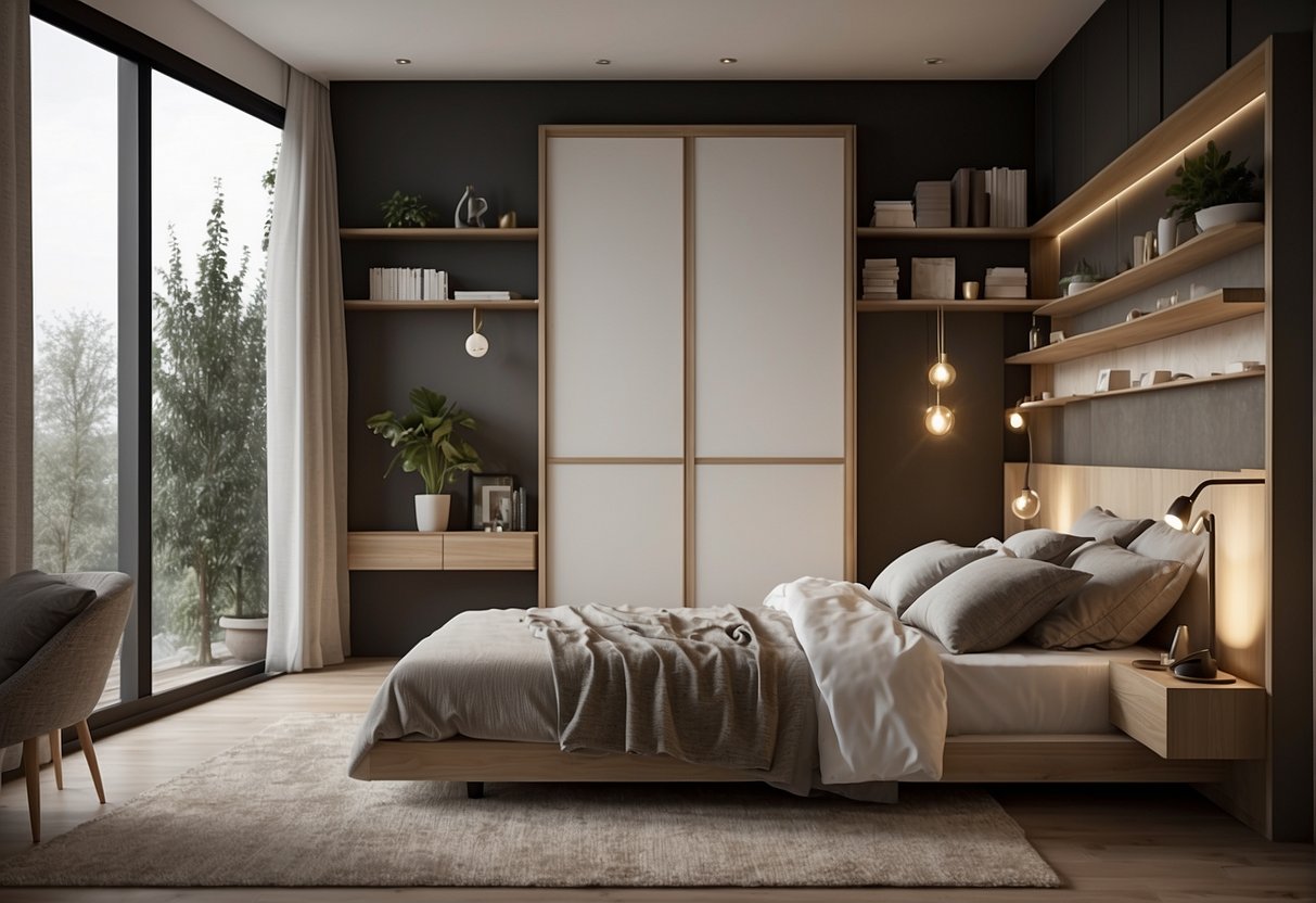 A bedroom with Pirkimo Gidas furniture. Bed, nightstands, and wardrobe arranged neatly. Soft lighting and cozy atmosphere