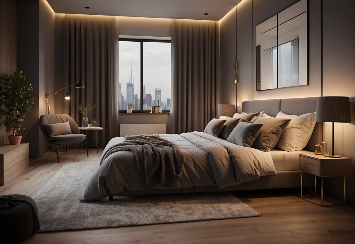 A cozy bedroom with D.U.K. furniture, featuring a bed, nightstands, and a wardrobe. Warm lighting and soft textures create a welcoming atmosphere