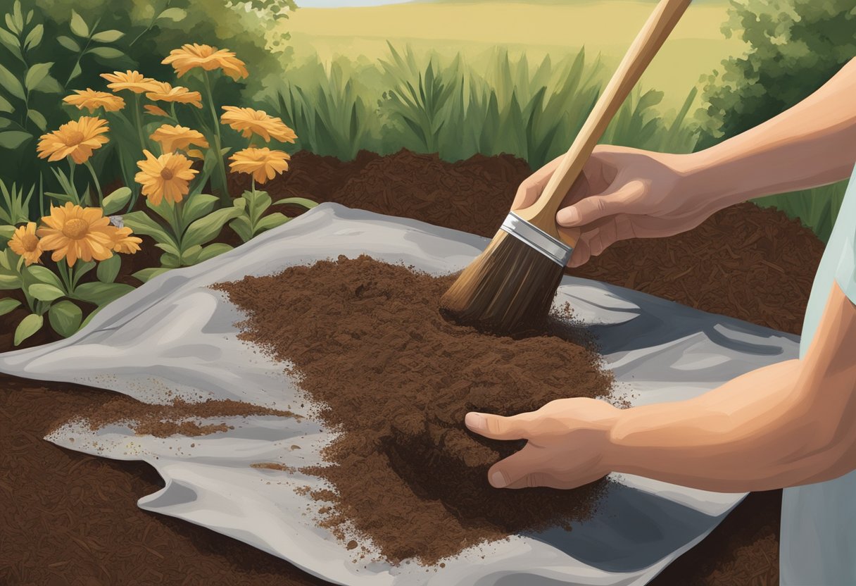 A hand reaching for a bag of mulch, a paintbrush dipped in brown paint, and a canvas with a garden scene in progress