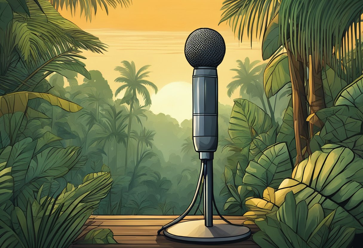 A microphone stands in front of a jungle backdrop, with a small fire burning in the background. A sense of isolation and mystery is palpable