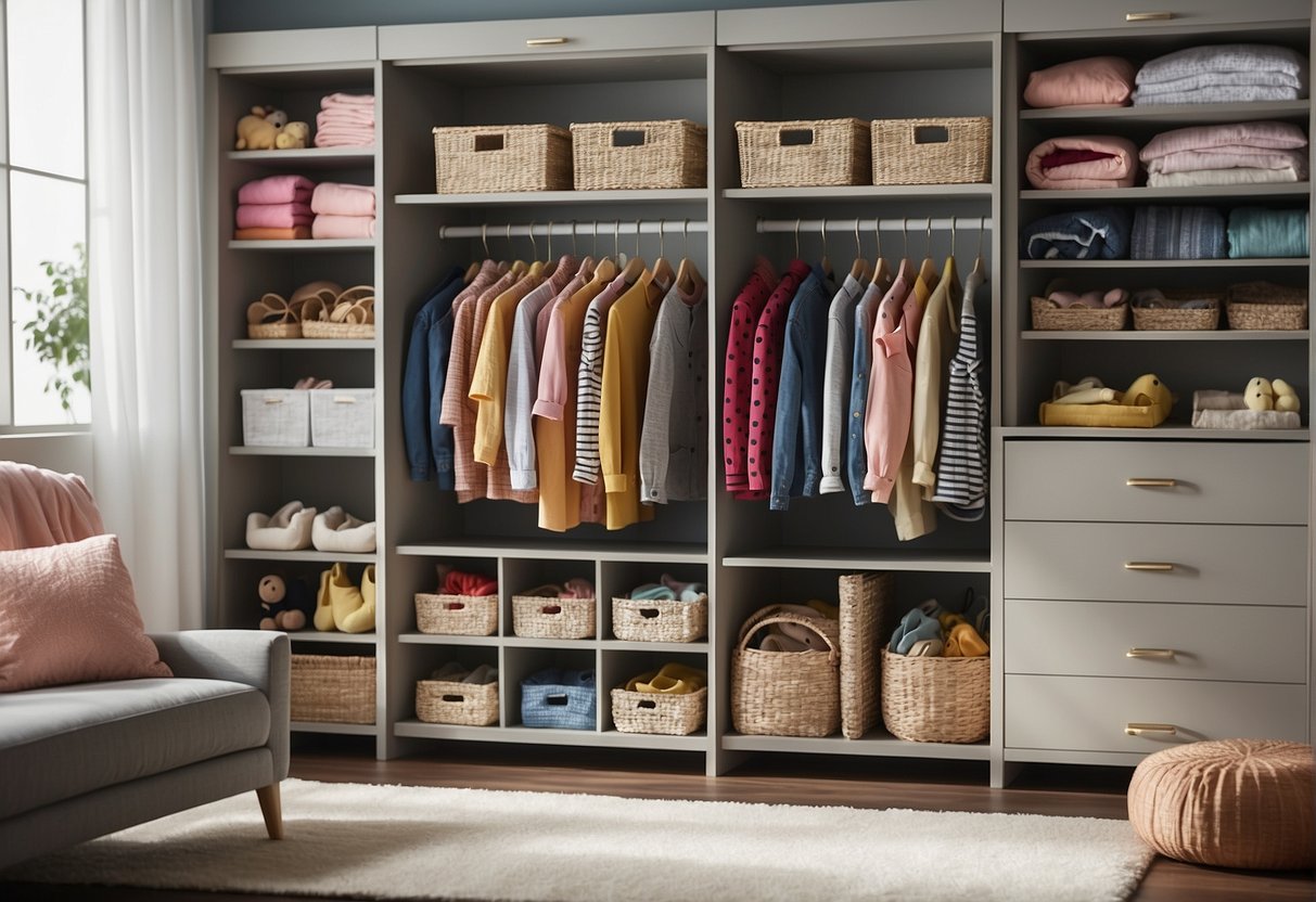A closet with shelves, drawers, and hanging rods filled with neatly folded and organized children's clothes. Bins and baskets are labeled for easy access