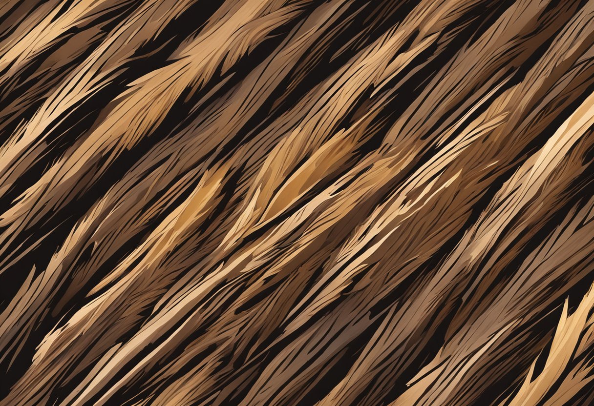 A paintbrush applies brown paint to textured mulch, creating depth and dimension. Light and shadow play across the surface, highlighting the natural variations in color and texture