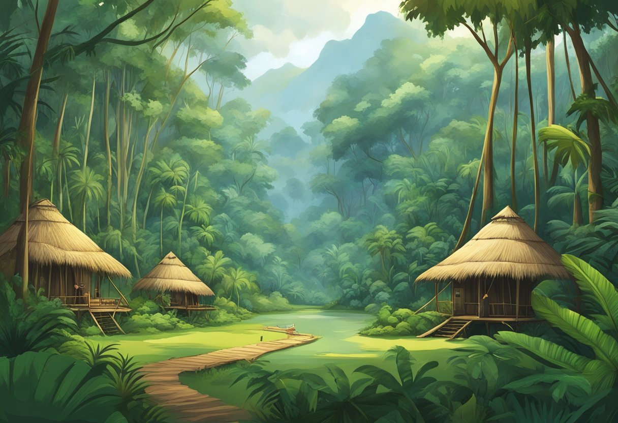 Lush rainforest with uncontacted tribe huts, surrounded by diverse wildlife and untouched natural beauty