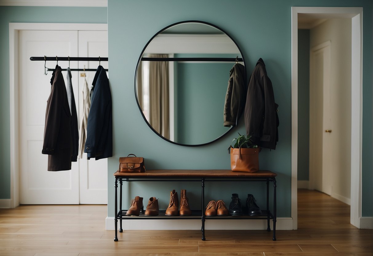 A coat rack, mirror, and shoe rack in a hallway