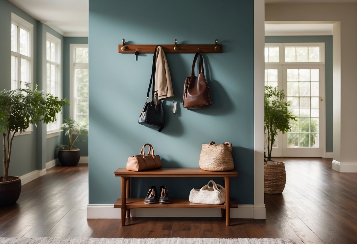 A variety of entryway furniture, including a coat rack, shoe cabinet, and umbrella stand, arranged neatly in a well-lit foyer
