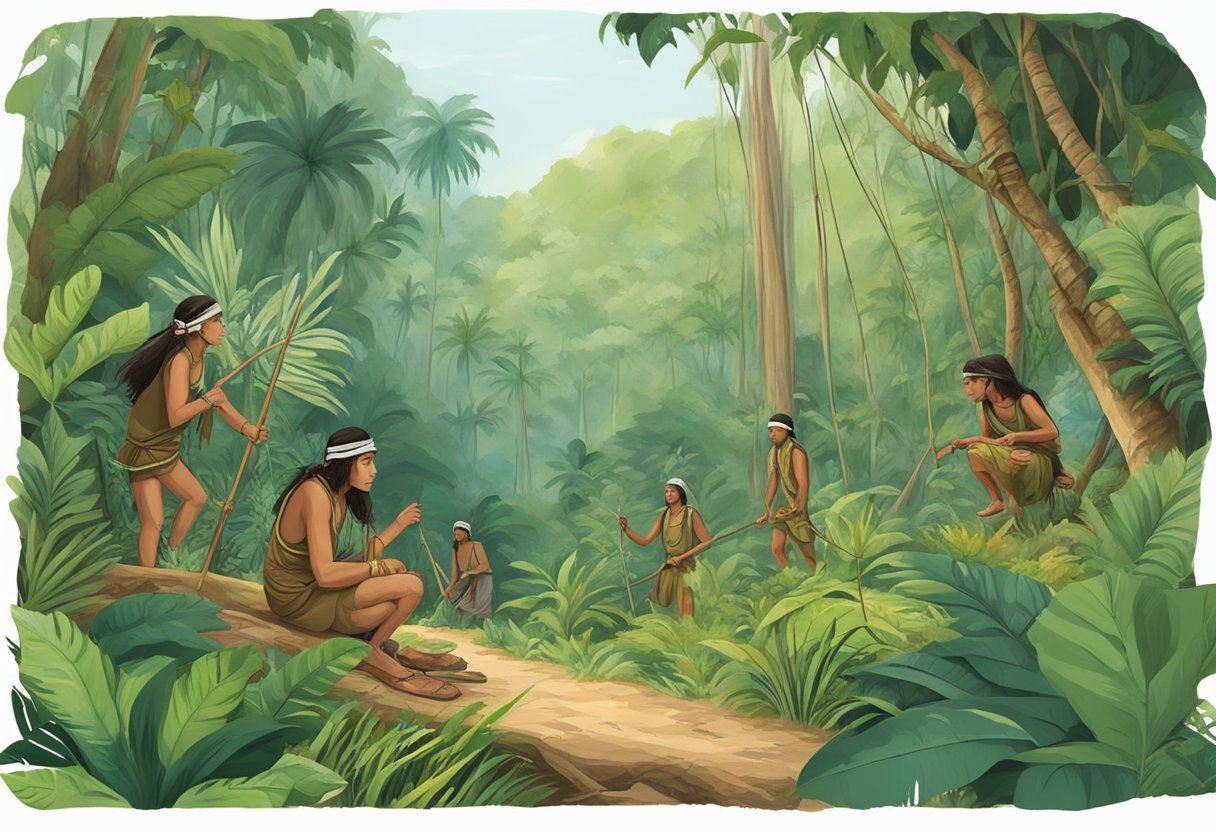 Uncontacted tribe in lush jungle, surrounded by diverse flora and fauna, with a focus on ethical and health considerations