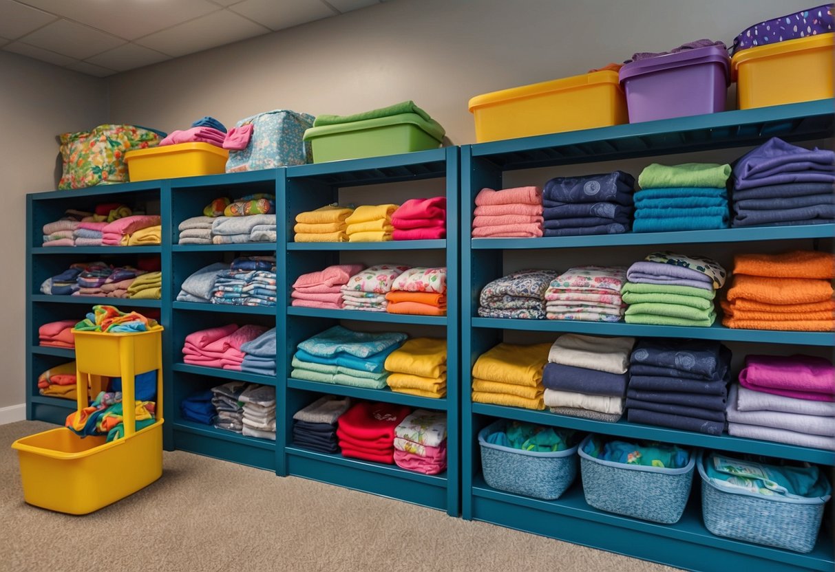 A colorful, multi-tiered shelving unit holds neatly folded children's clothes. Brightly labeled bins and cubbies provide easy access and organization for daily wear items