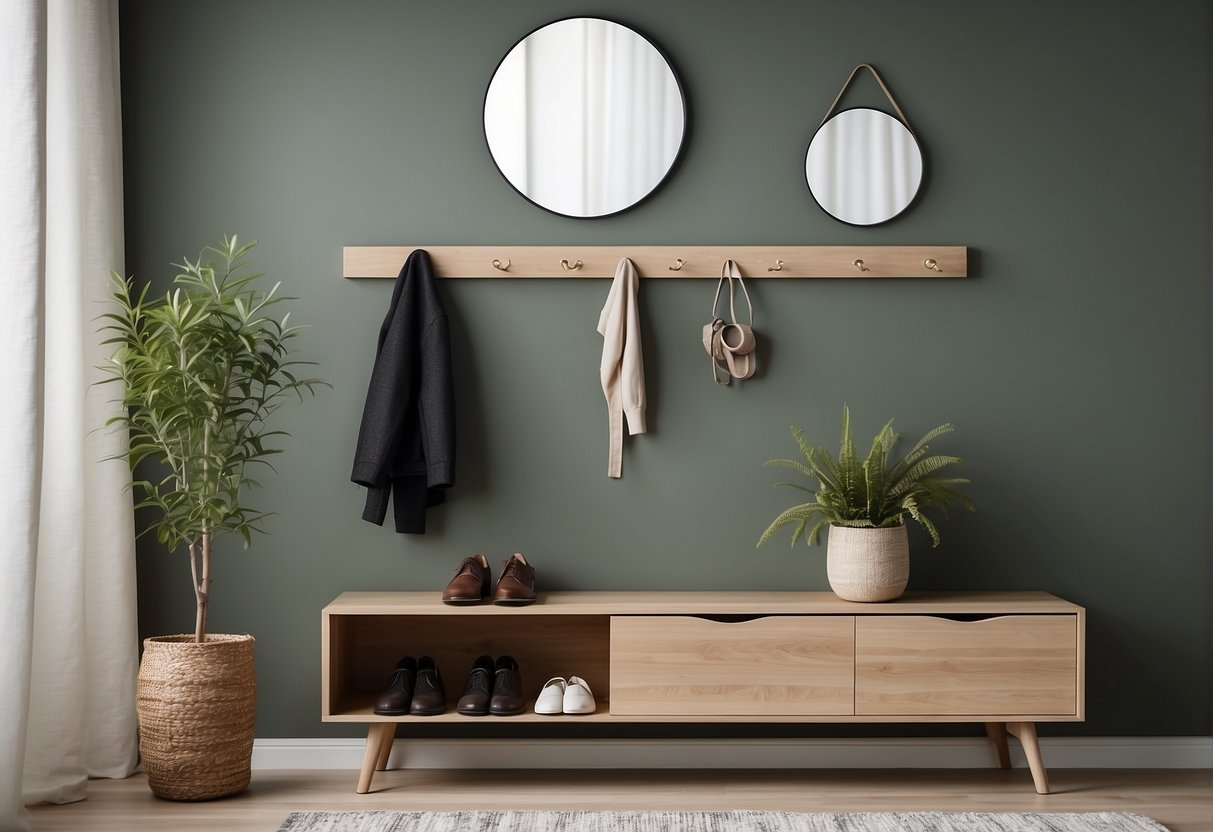A well-organized and tidy entryway with a sleek shoe rack, a decorative mirror, and a coat hanger. The furniture is modern and minimalist, creating a welcoming and functional space