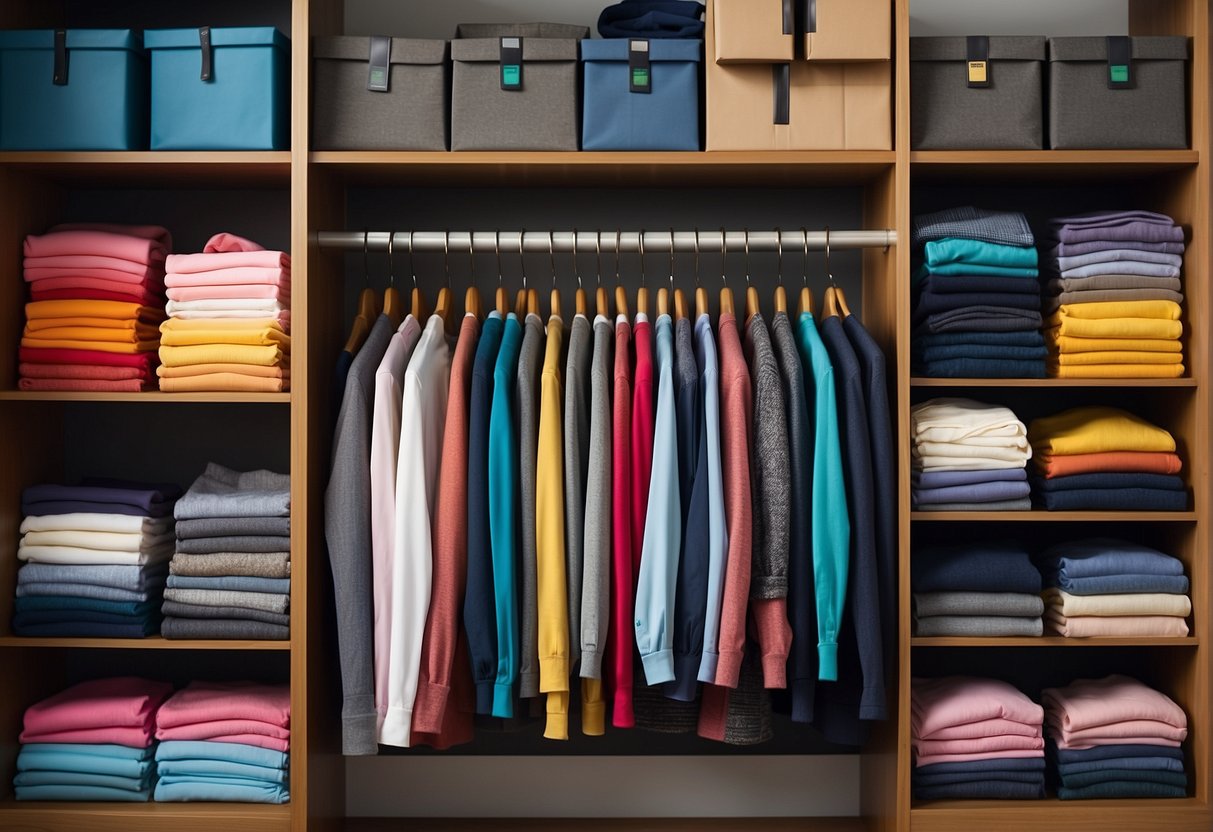 Colorful clothes neatly folded and organized on shelves, with labeled bins for socks and underwear. A hanging rod holds uniforms and jackets