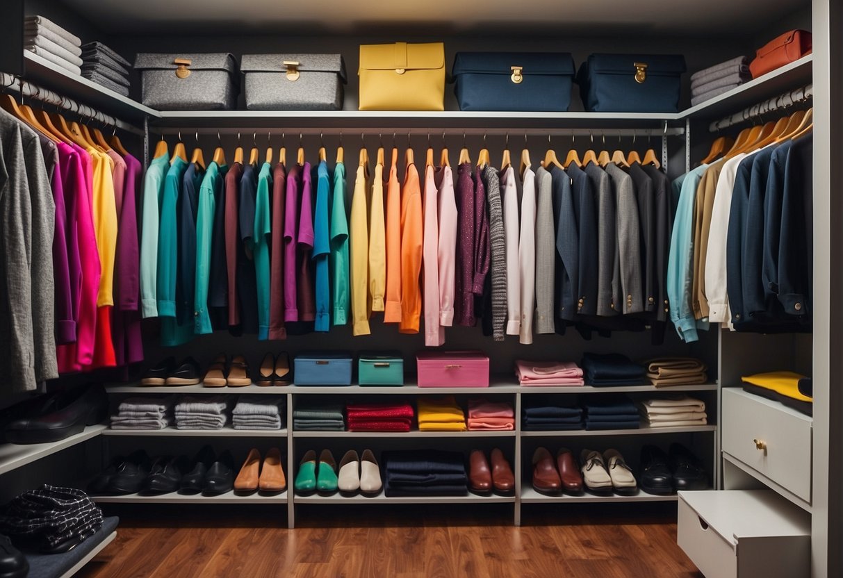 A colorful, organized closet with labeled shelves and bins for different types of clothing, including a hanging section for uniforms and jackets