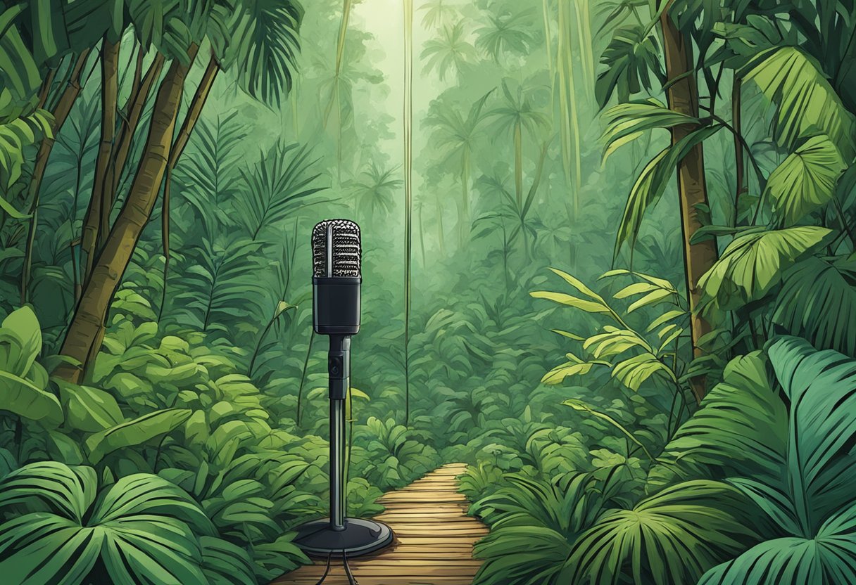 A microphone stands in front of a lush, dense jungle with a sense of mystery and isolation, hinting at the uncontacted tribes discussed on the Joe Rogan podcast