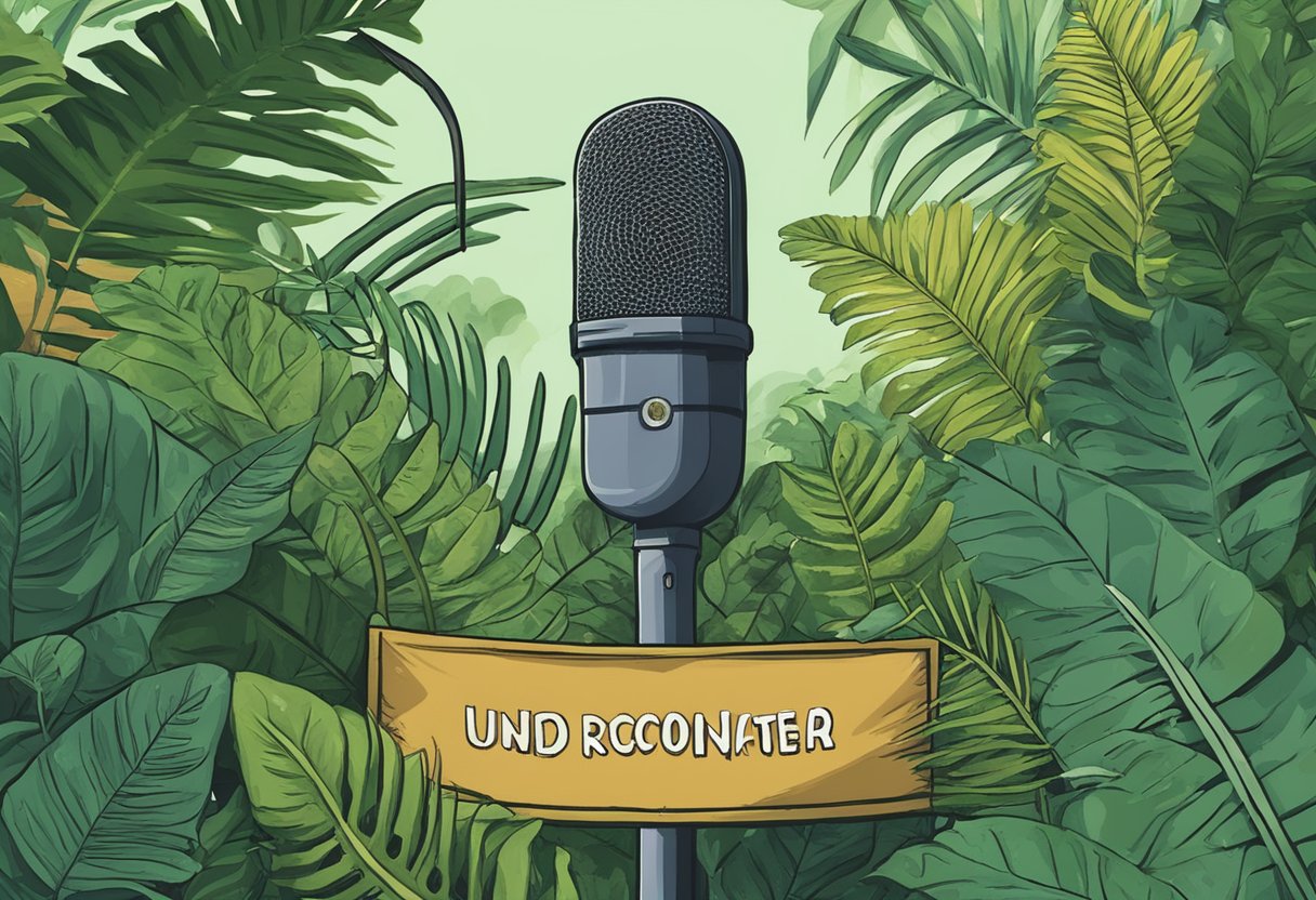 A microphone surrounded by jungle foliage, with a sign reading "Frequently Asked Questions Joe Rogan Podcast uncontacted tribes" in the background