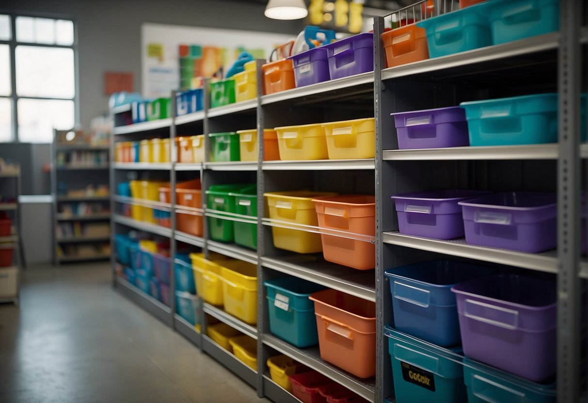 Colorful bins and shelves neatly store toys, books, and clothes. Labels and clear containers make items easy to find. Hooks hold bags and accessories